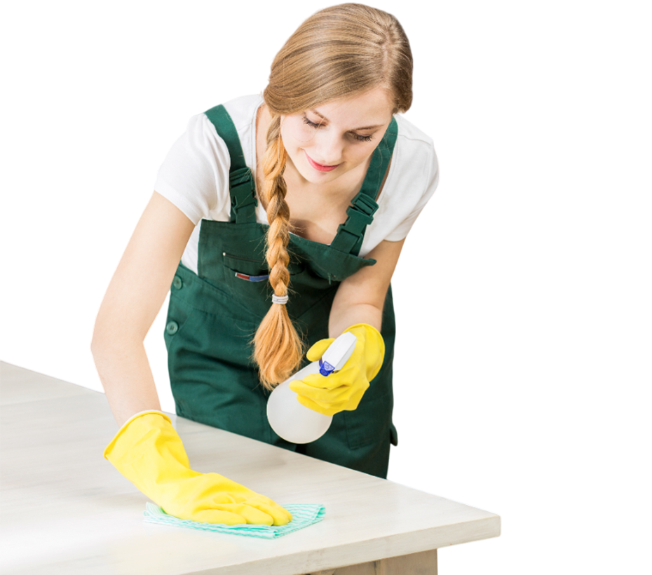 Woman cleaning table with spray and cloth.