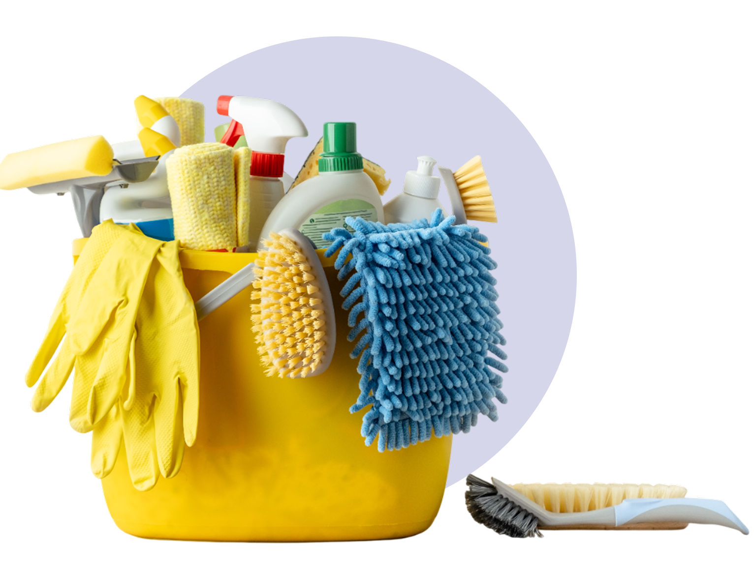 Yellow bucket with various cleaning supplies.