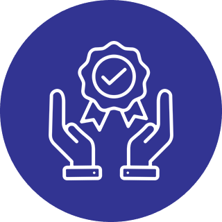 Hands holding a checkmark badge icon.