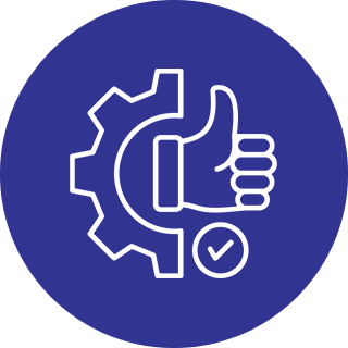 Thumbs up with gear and checkmark icon.