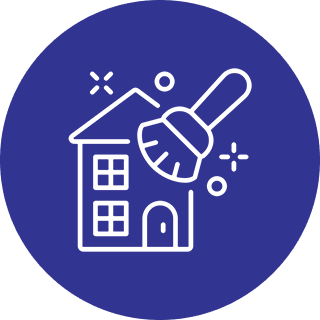 House cleaning icon with brush and sparkles.