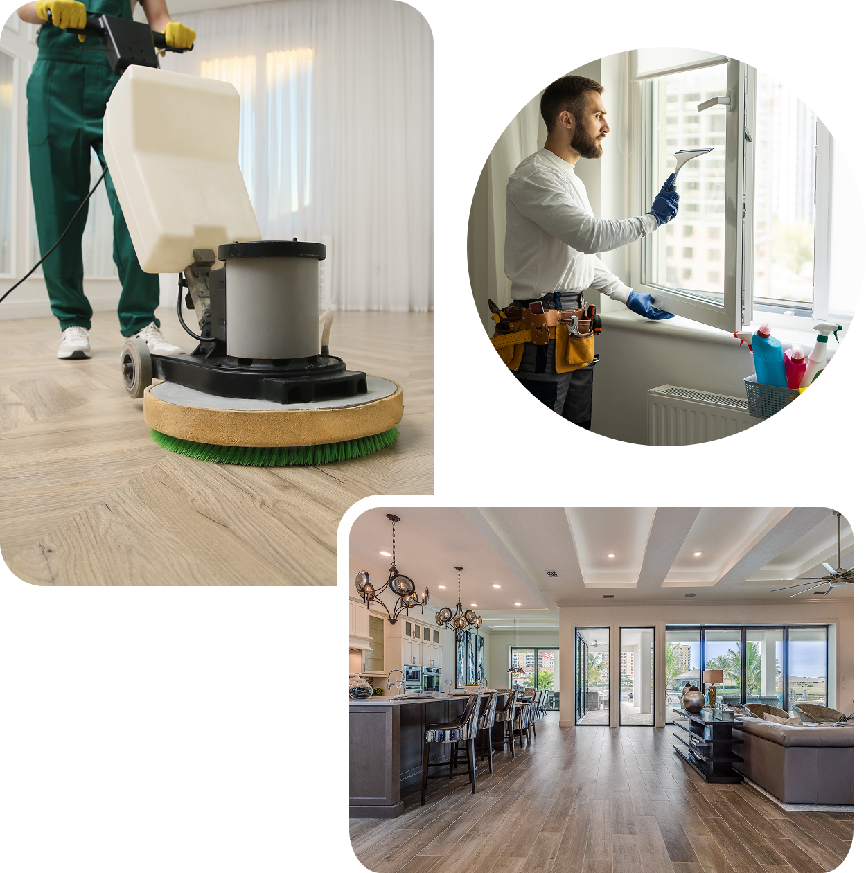 Floor cleaning, window washing, modern living room.