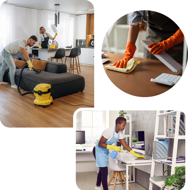 People cleaning various indoor spaces.