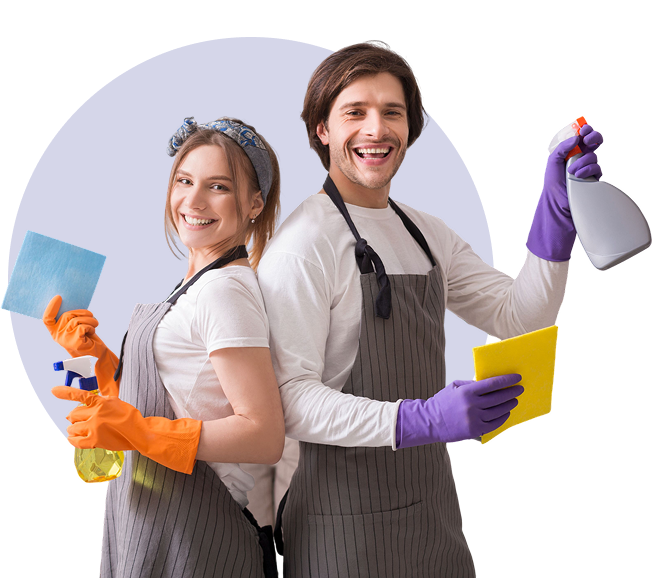 Smiling cleaners holding spray bottles and cloths.